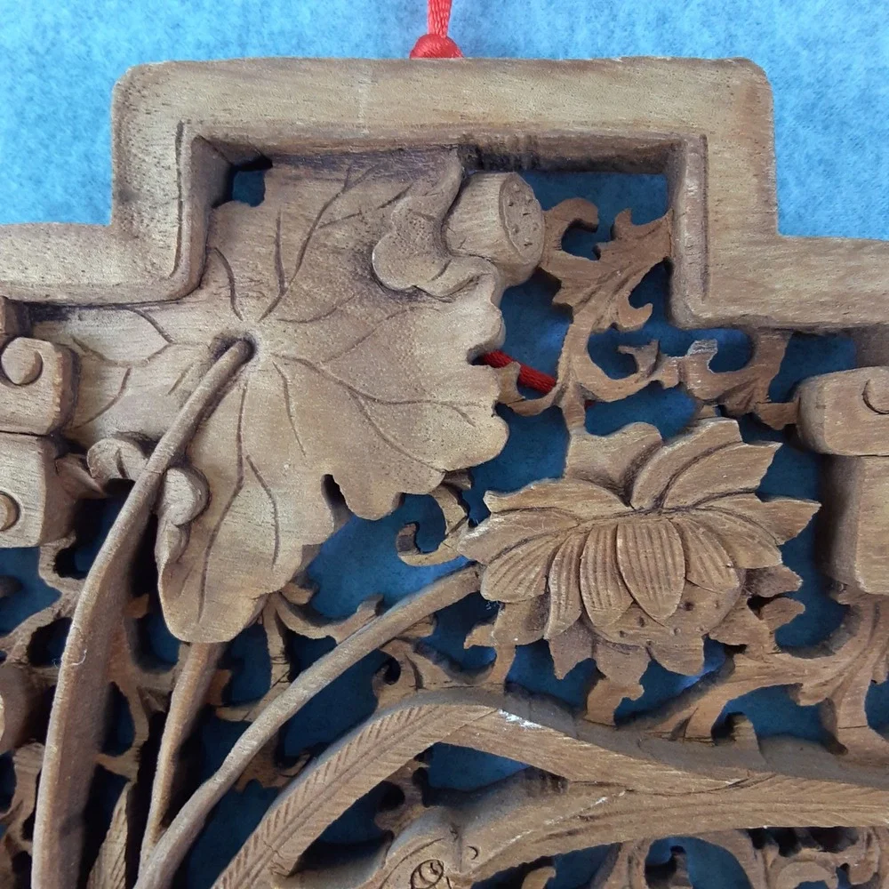 Vintage Hand Carved Wood Chinese Wall Plaque Crane Lotus Relief Art Decor 14X10